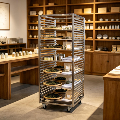 Stackable Stainless Steel Rack Trolley with 15 Tiers and Anti-Collision Bumper for Bakery and Warehouse